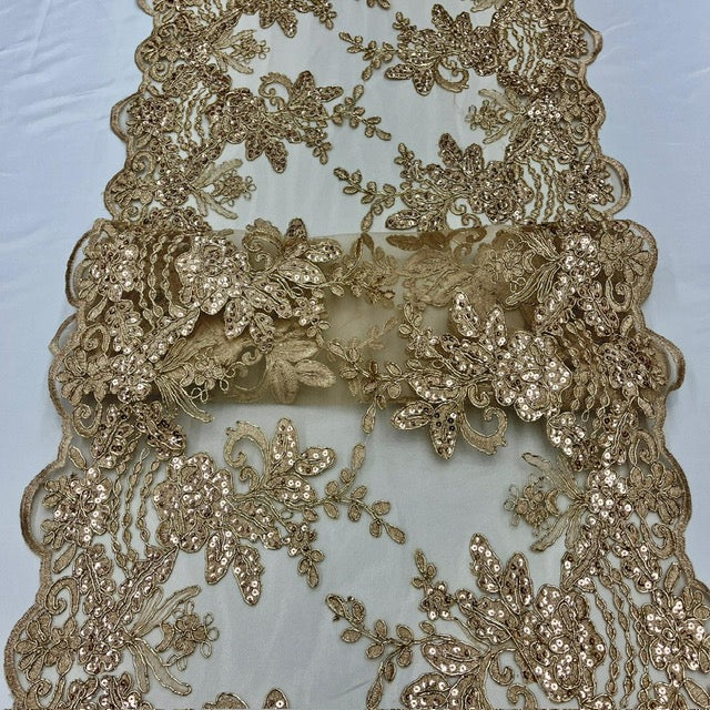 Champagne Sequin Lace Fabric With Embroideries On Mesh VT-18 - Champagne Embroidered Sequin Lace Fabric, 54" Width