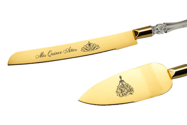 Gold Quinceañera Cake Knife and Server Set with “Mis 15 Años” Engraving