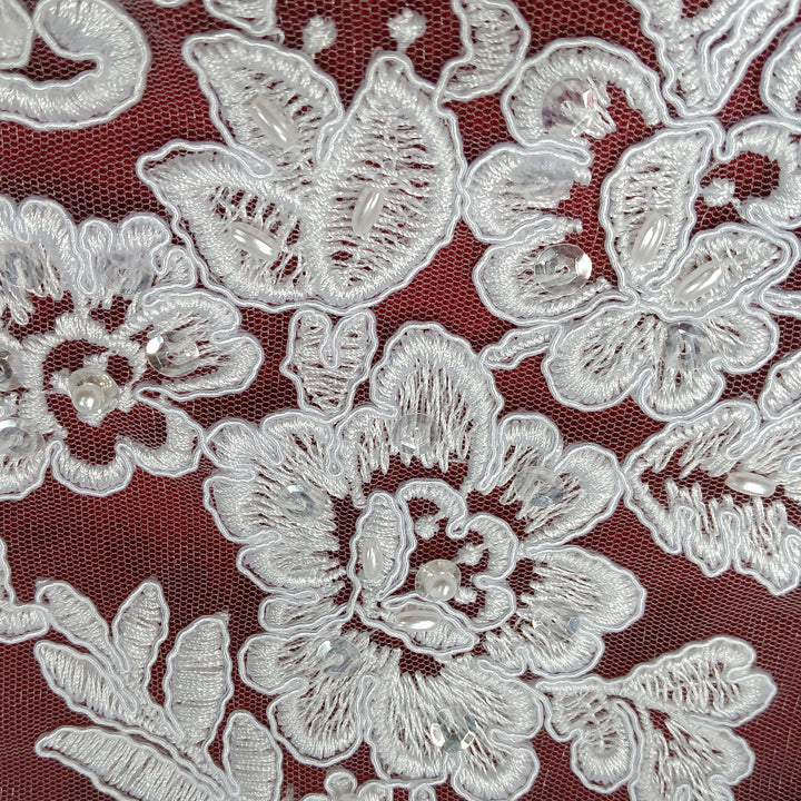 1 Yard Elegant Beaded and Corded Bridal Lace Fabric Embroidered on 100% Polyester Net Mesh White