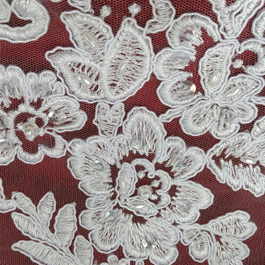 1 Yard Beaded and Corded Bridal Lace Fabric Embroidered on Polyester Net Mesh