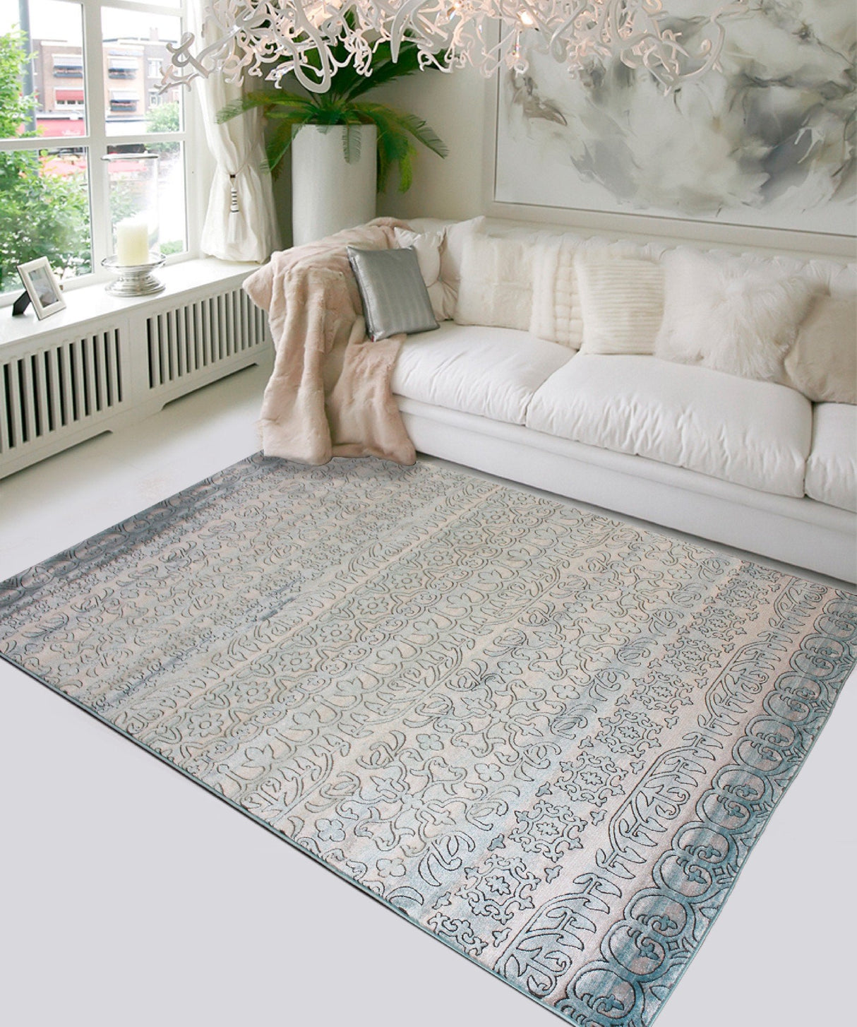 Makymo Soft Touch Faded Area Rug - Polypropylene And Viscose Mix, Light Blue Faded Pattern, 3' X 5' (1 Rug)