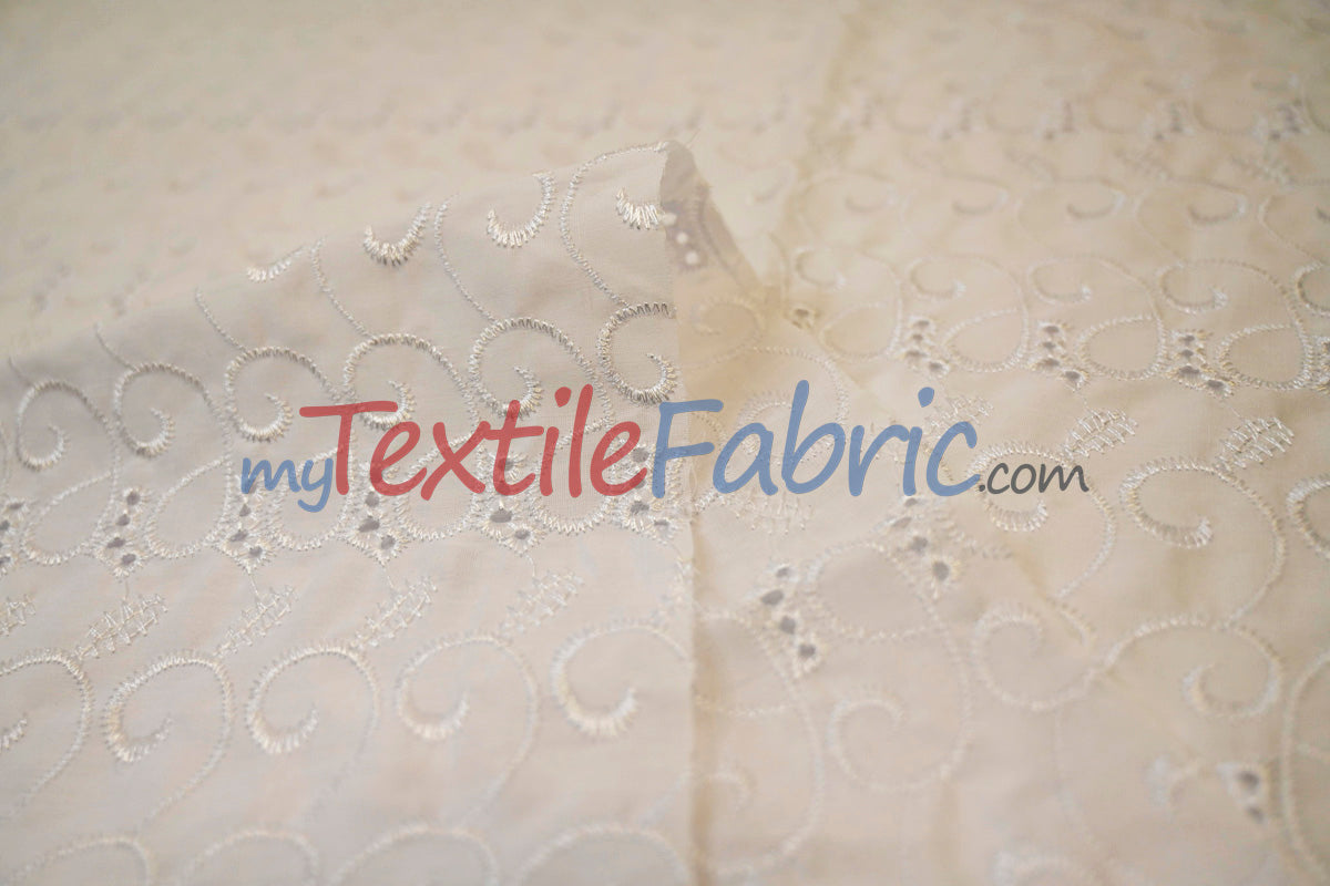 Cotton Eyelet Embroidery Design Six Polyester Cotton Fabric - White Blossom Floral Eyelet Embroidery, 52" Wide (Yards)