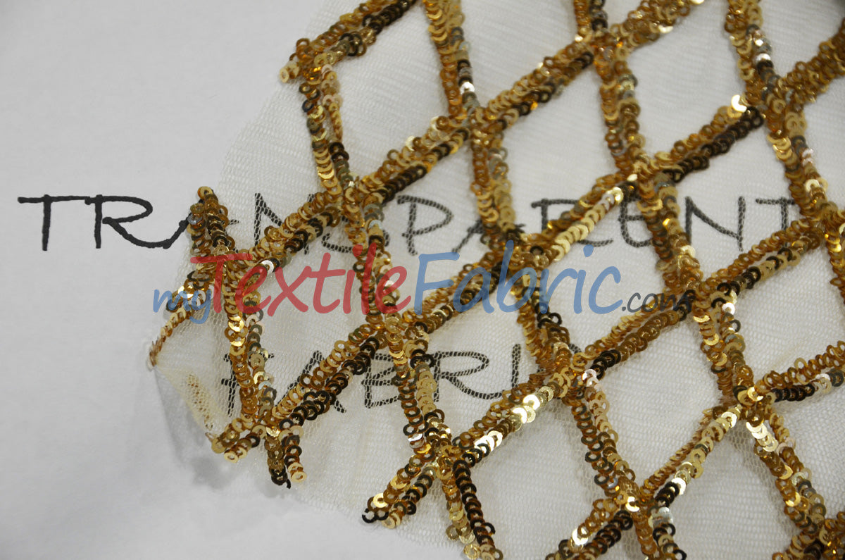 Luxury Glitz Sequins Lace Fabric - 100 Percent Polyester, Sheer Mesh Sequins Embroidery, Multiple Colors, 54" Width (By The Yard)