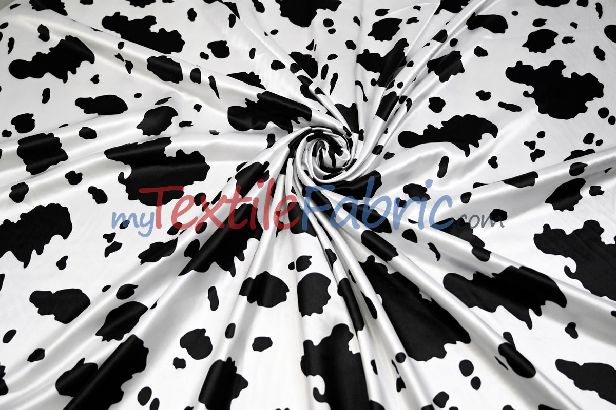 White Black Cow Charmeuse Satin Fabric - White Black Cow Print, 58/60" Width (1 Yard)