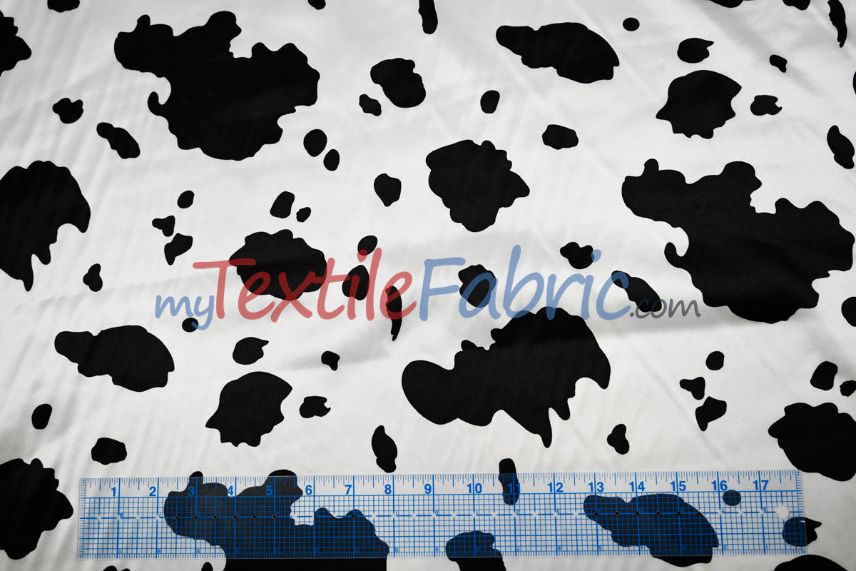 White Black Cow Charmeuse Satin Fabric - White Black Cow Print, 58/60" Width (1 Yard)
