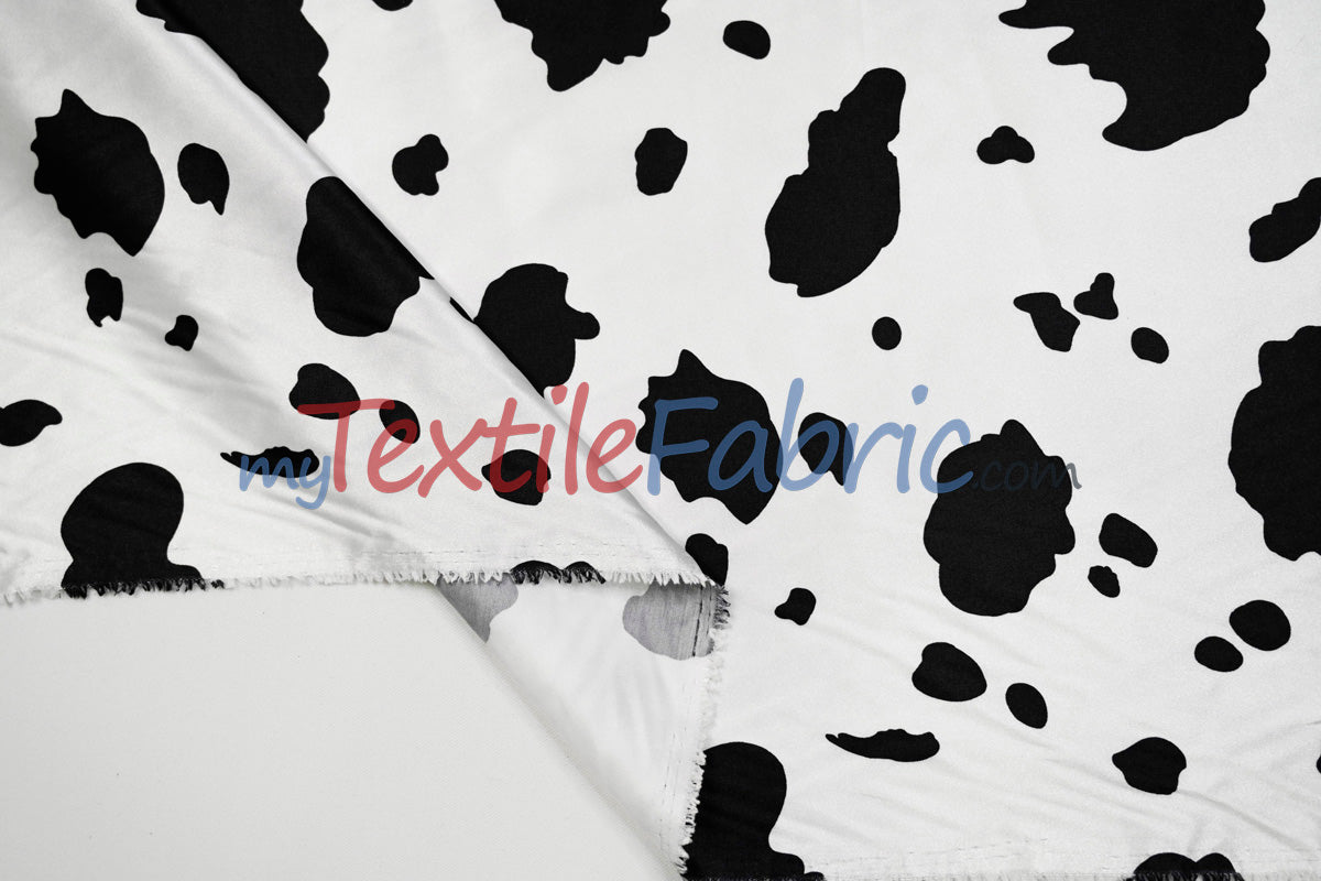 White Black Cow Charmeuse Satin Fabric - White Black Cow Print, 58/60" Width (1 Yard)