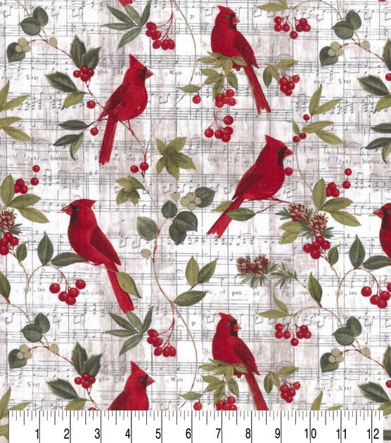Quilting Cotton Cardinals on Script Christmas