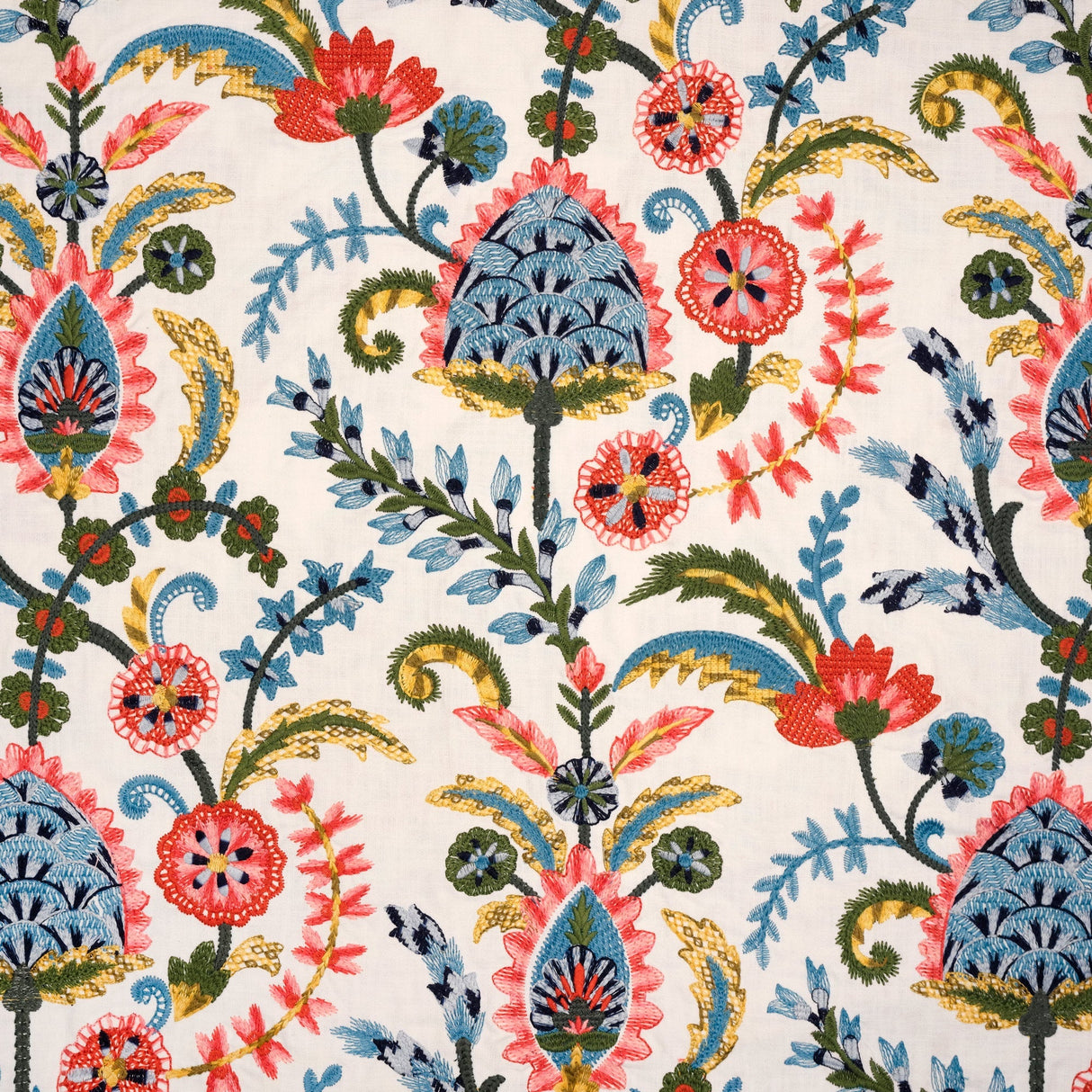 Embroidered Cotton Blend Curtain Fabric Garden Crewel