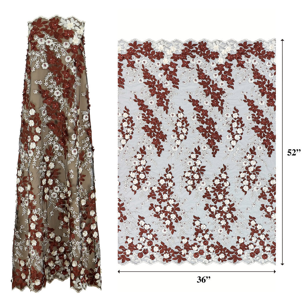 Cascade Embroidered Mesh Polyester Fabric - 3D Floral Embroidery, Scalloped Edges, 52" Width (1 Yard)