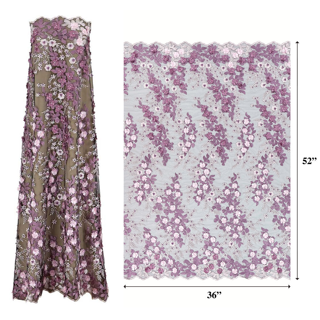 Cascade Embroidered Mesh Polyester Fabric - 3D Floral Embroidery, Scalloped Edges, 52" Width (1 Yard)