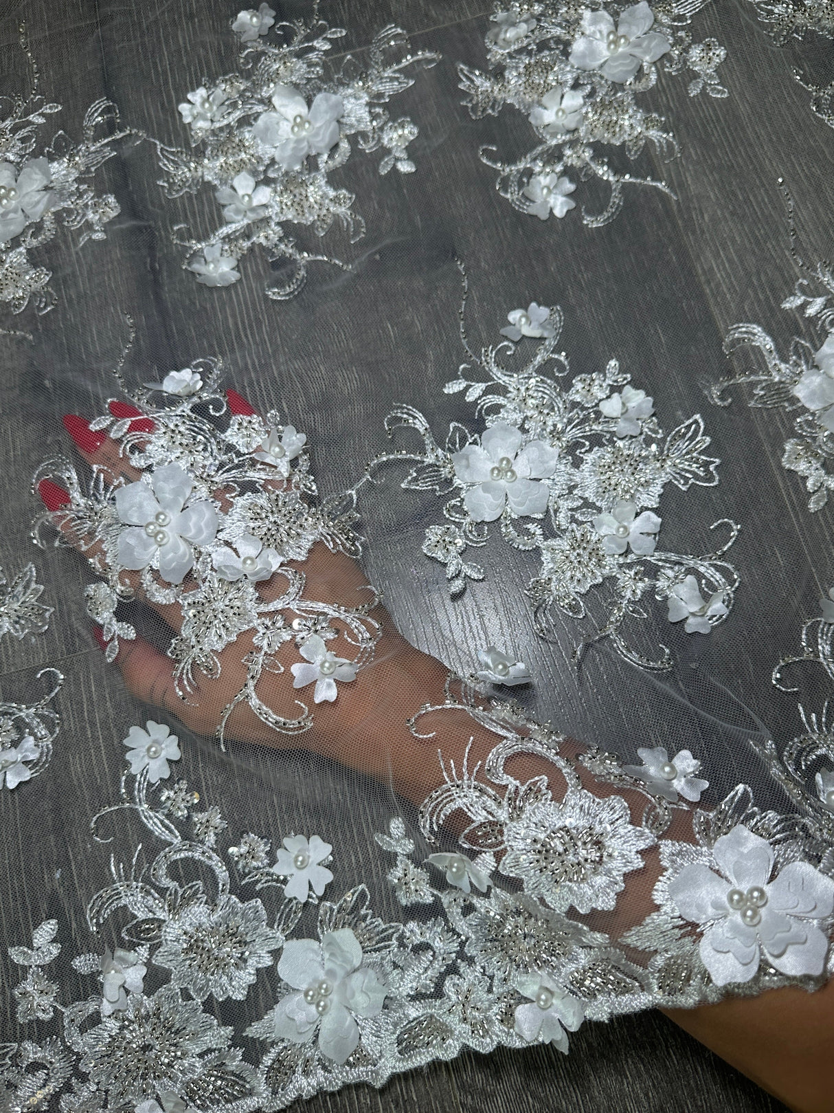 White 3D Floral Embroidered Beaded Tulle Lace