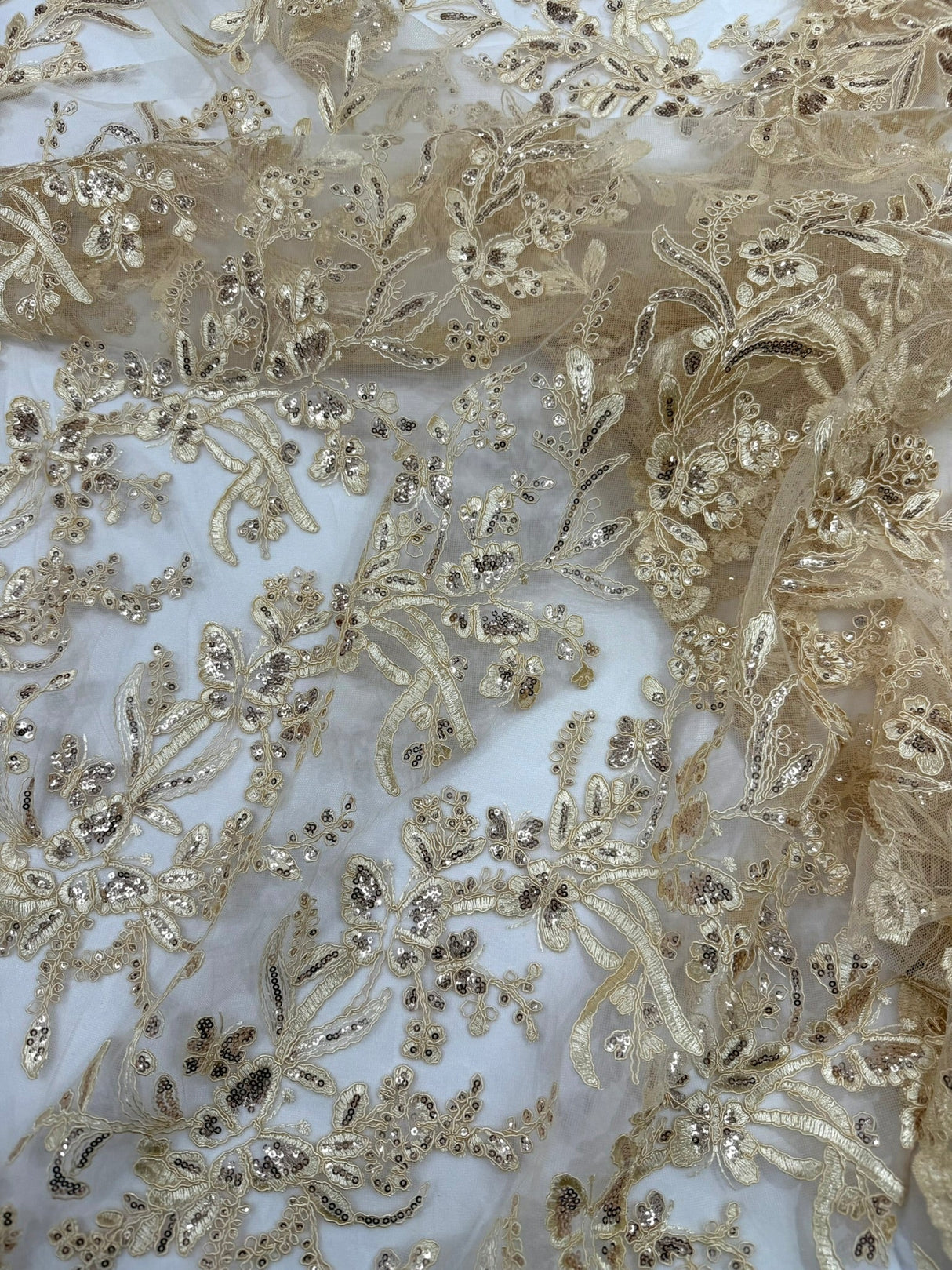 Butterfly Corded Lace Fabric - Butterfly Embroidery, Metallic Sequins, 54" Width (1 Yard)
