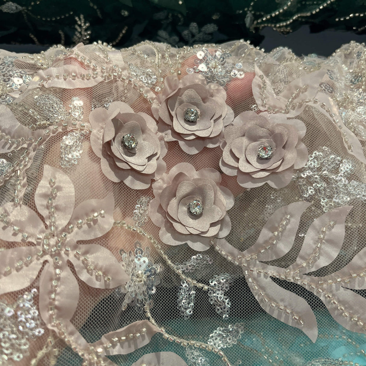 GD-229 Beaded Sequined 3D Floral Lace Fabric - 3D Floral Embroidery, 52" Width (1 Yard)