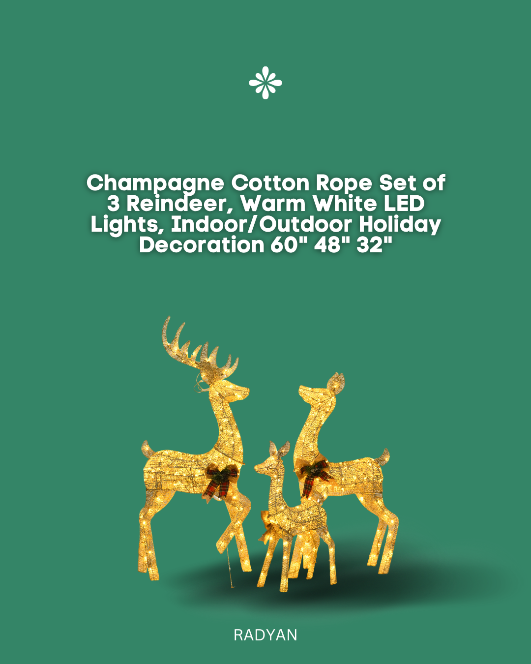 Champagne Cotton Rope Set of 3 Reindeer, Warm White LED Lights, Indoor/Outdoor Holiday Decoration 60" 48" 32"