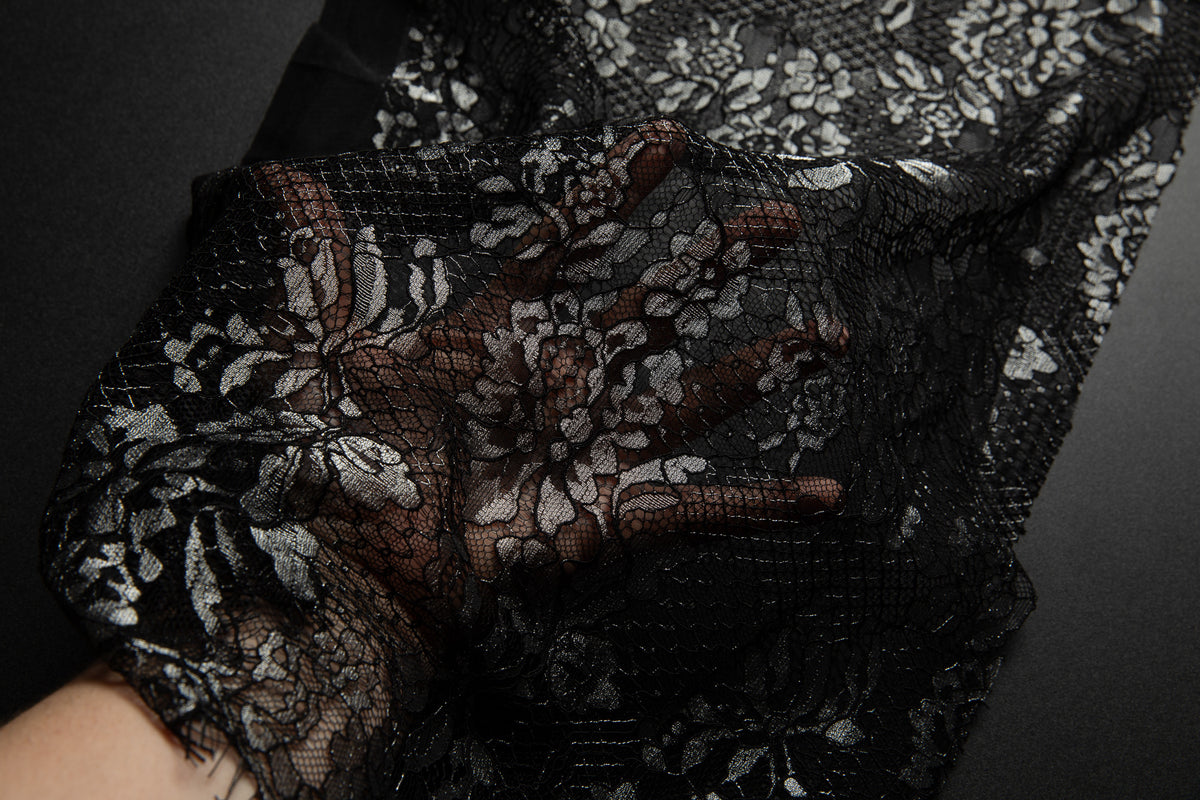 1 Yard Chantilly Lace Fabric Embroidered with Cord and Exquisite Floral Pattern, 56" Wide