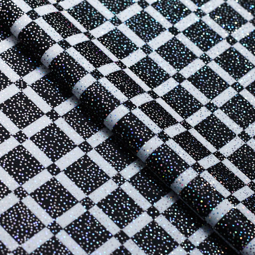 50s Check Polyester Spandex Fabric - Black and White Plaid, 58-60" Width, 240 GSM (1 Yard)