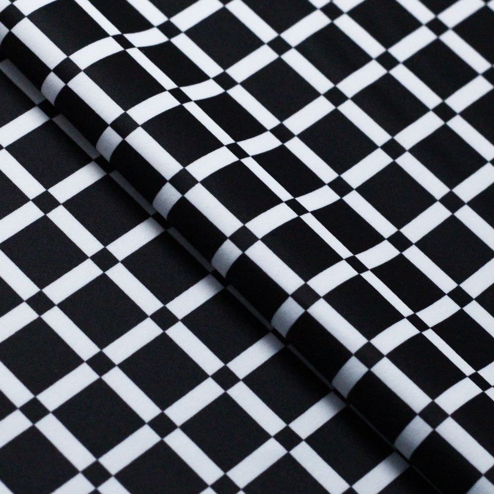 50s Check Polyester Spandex Fabric - Black and White Plaid, 58-60" Width, 240 GSM (1 Yard)