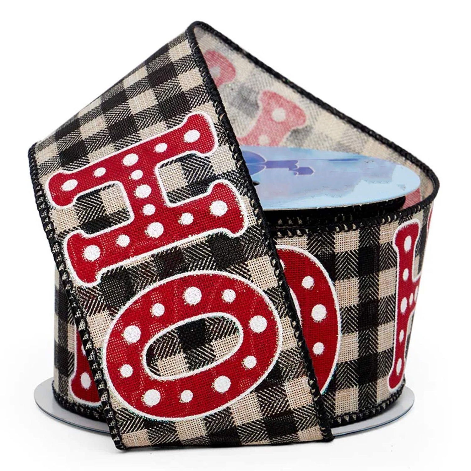 "Ho Ho Ho" Wired Ribbon 2 1/2 '' X 10 yd Plaid Color 1 / roll