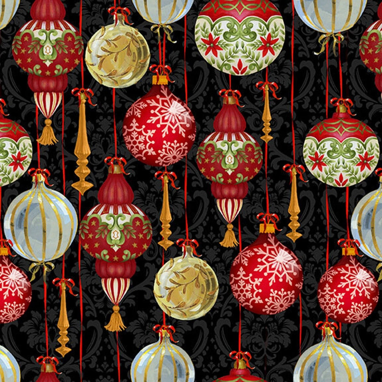 Quilting Cotton Christmas Legend II Ornaments in Black Henry Glass