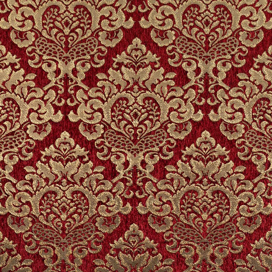 Cleopatra Chenille Upholstery Fabric - Ruby Red Gold Damask Print, 56" Width (1 Yard)