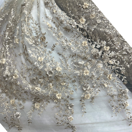 1 Yard Beaded 3D Floral Lace Fabric Embroidered 100 Percent Polyester Net Mesh 51 inch Width