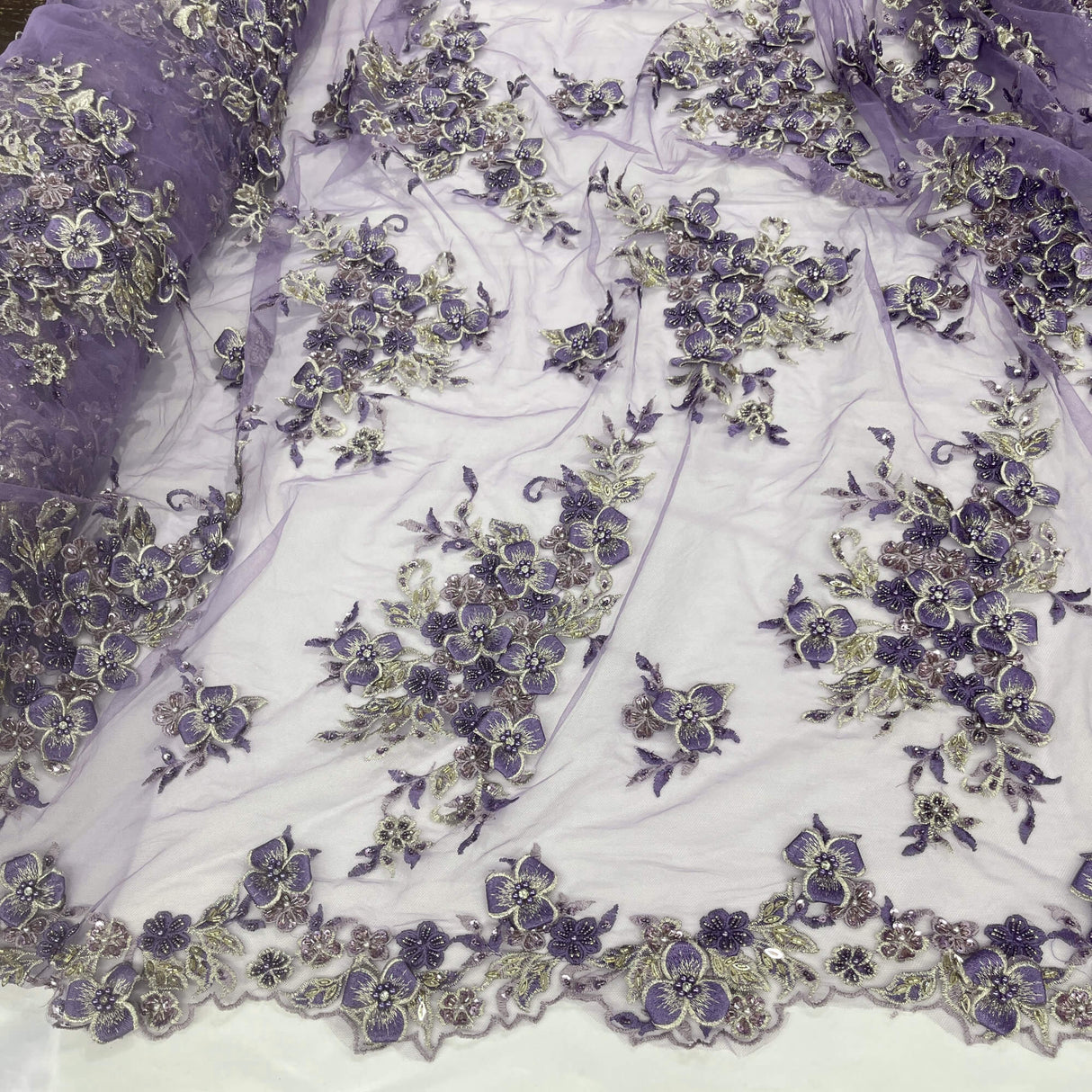 3D Beaded Floral Lace Mesh Fabric