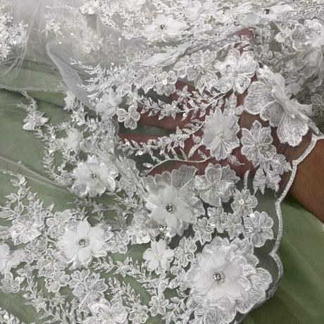 1 Yard Beaded 3D Floral Lace Fabric Embroidered 100 Percent Polyester Net Mesh 51 inch Width