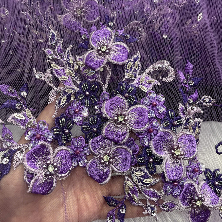 1 Yard 3D Beaded Floral Lace Fabric with Rhinestones – Embroidered Mesh with Scalloped Edges