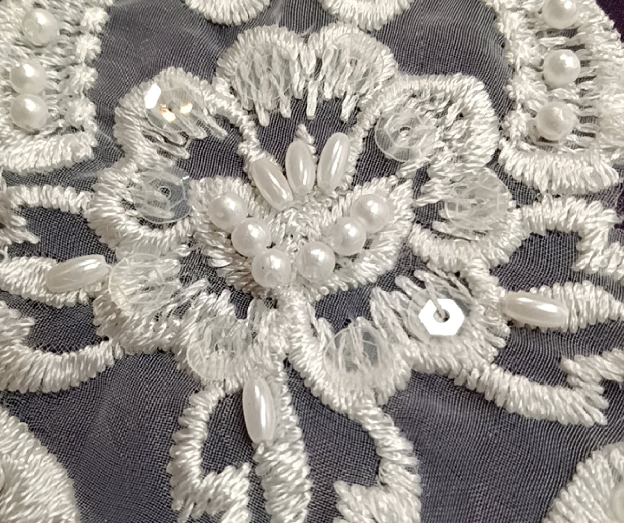 Beaded Lace Medallion Applique Polyester Organza Fabric - Beaded Embroidered Medallion, White/Pink, 14" X 5.5" (1 Piece)