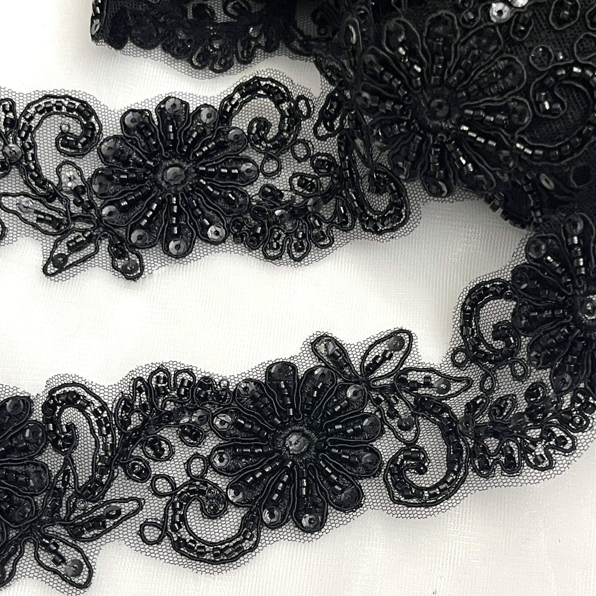 Beaded Corded Lace Trim on Polyester Mesh