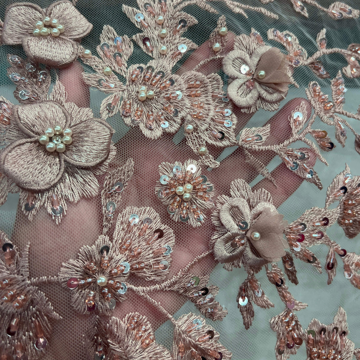 Beaded 3D Floral Lace Fabric Off White