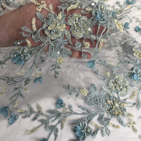 1 Yard Beaded 3D Floral Lace Fabric Rhinestone Embroidered 100 Percent Polyester Net Mesh 51 inch Width