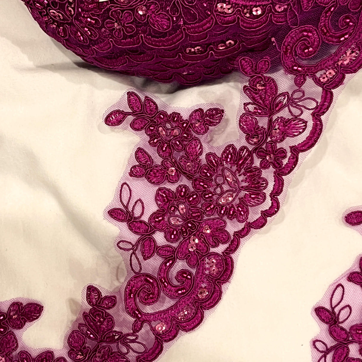 Beaded Corded Lace Trim on Polyester Net Mesh