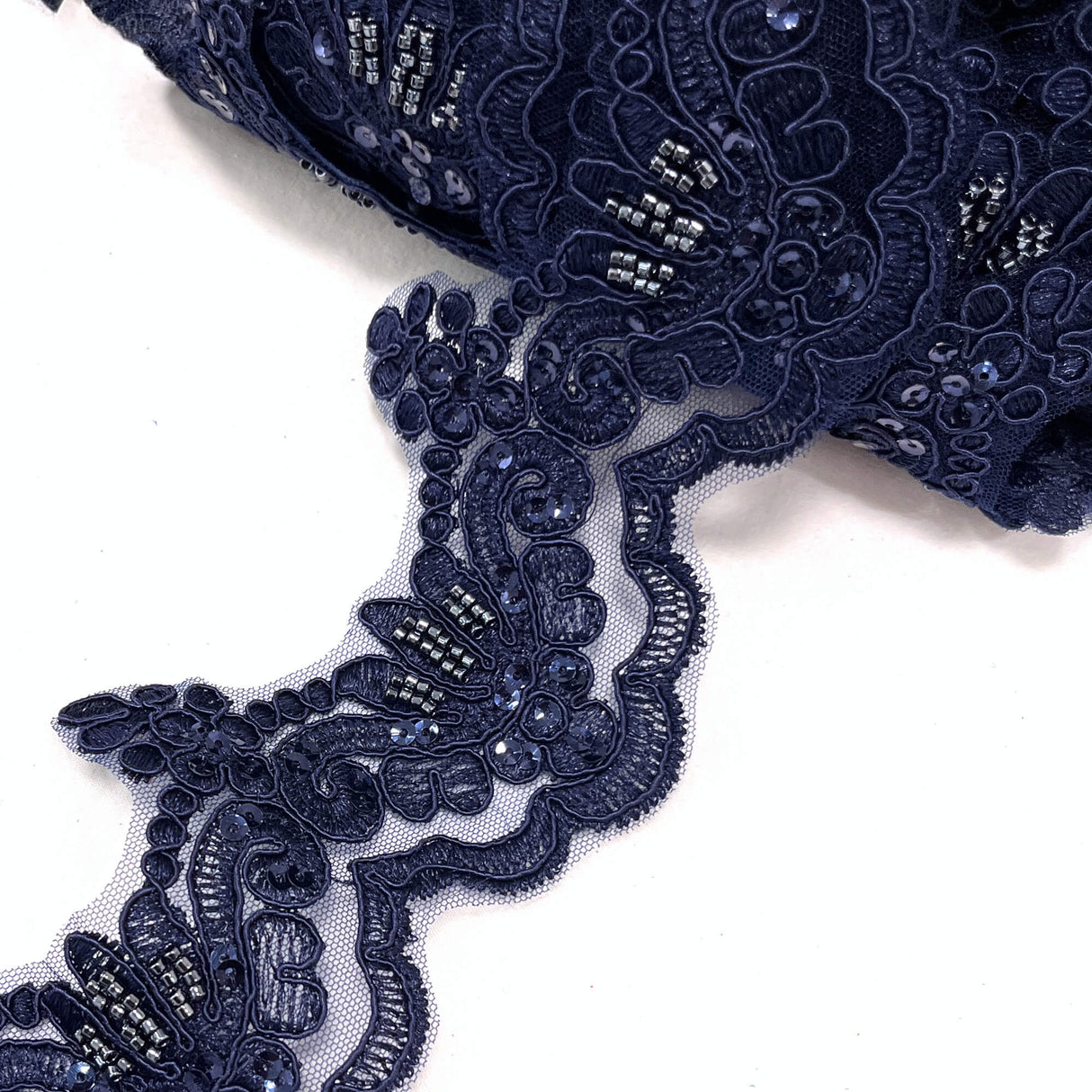 Beaded Corded Lace Trim on Polyester Net Mesh 3" Wide