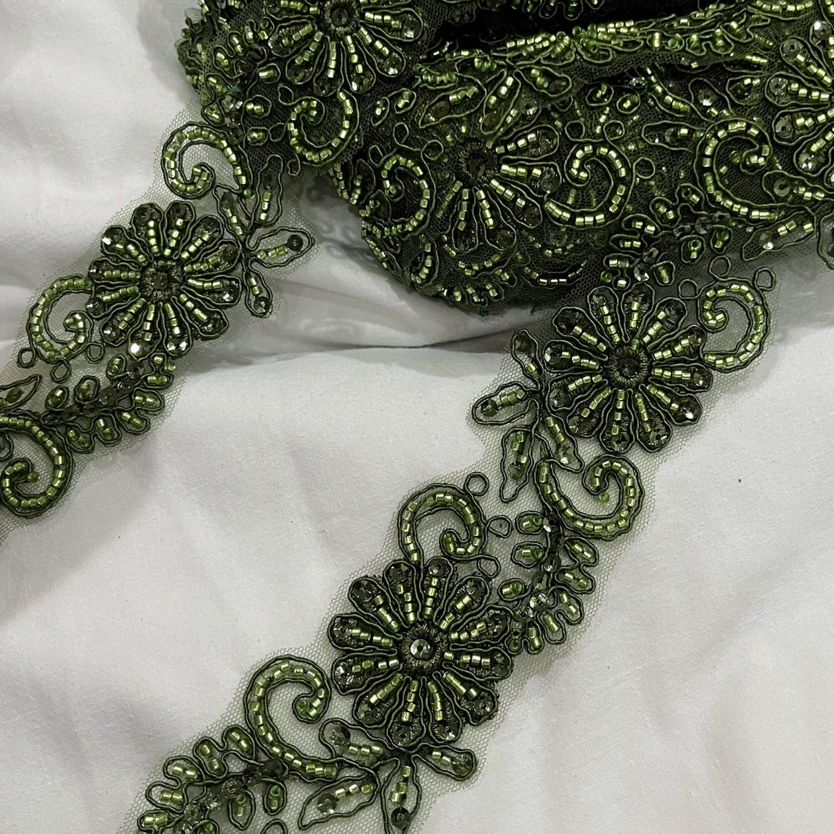 Beaded Corded Lace Trim on Polyester Mesh