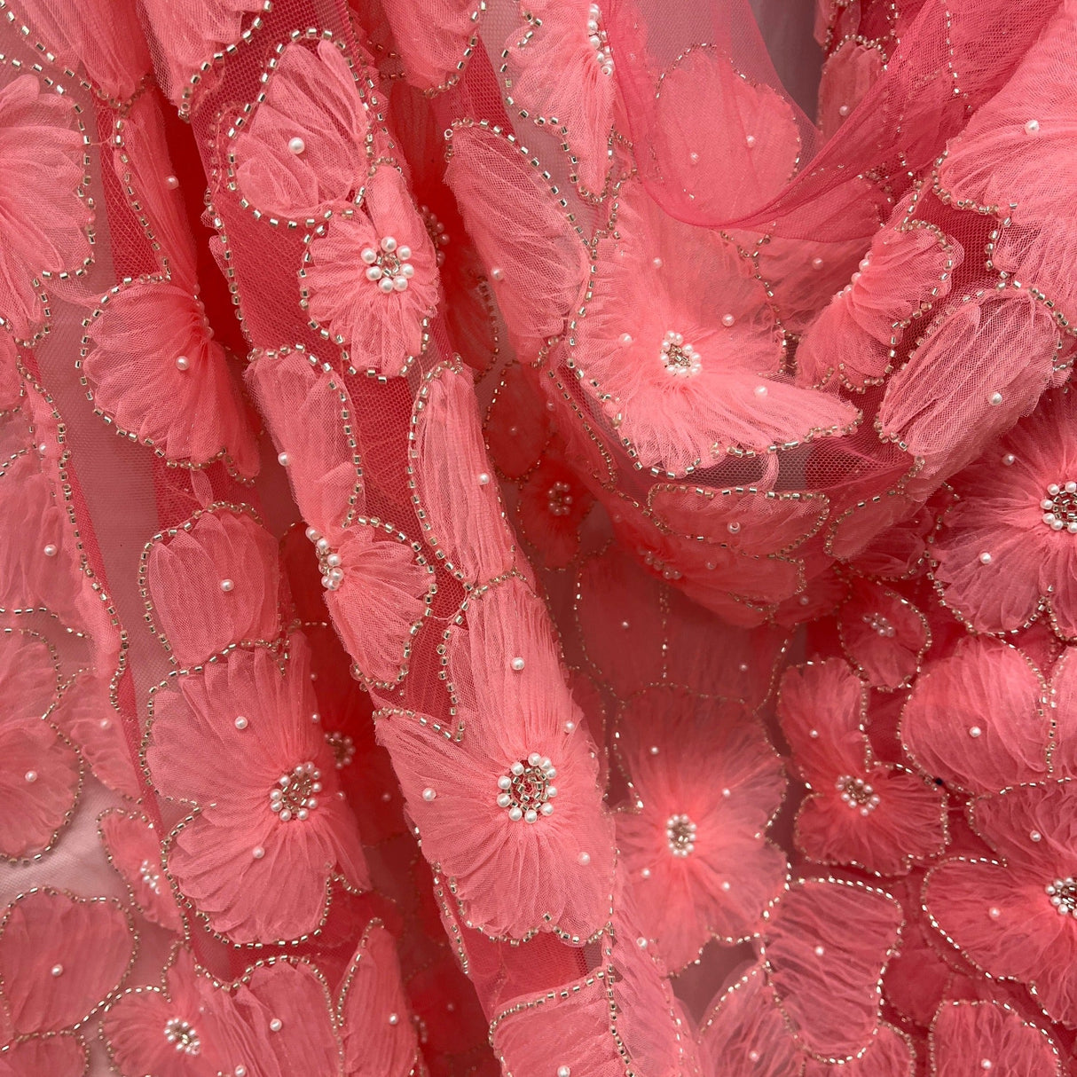 Beaded 3D Floral Lace Fabric
