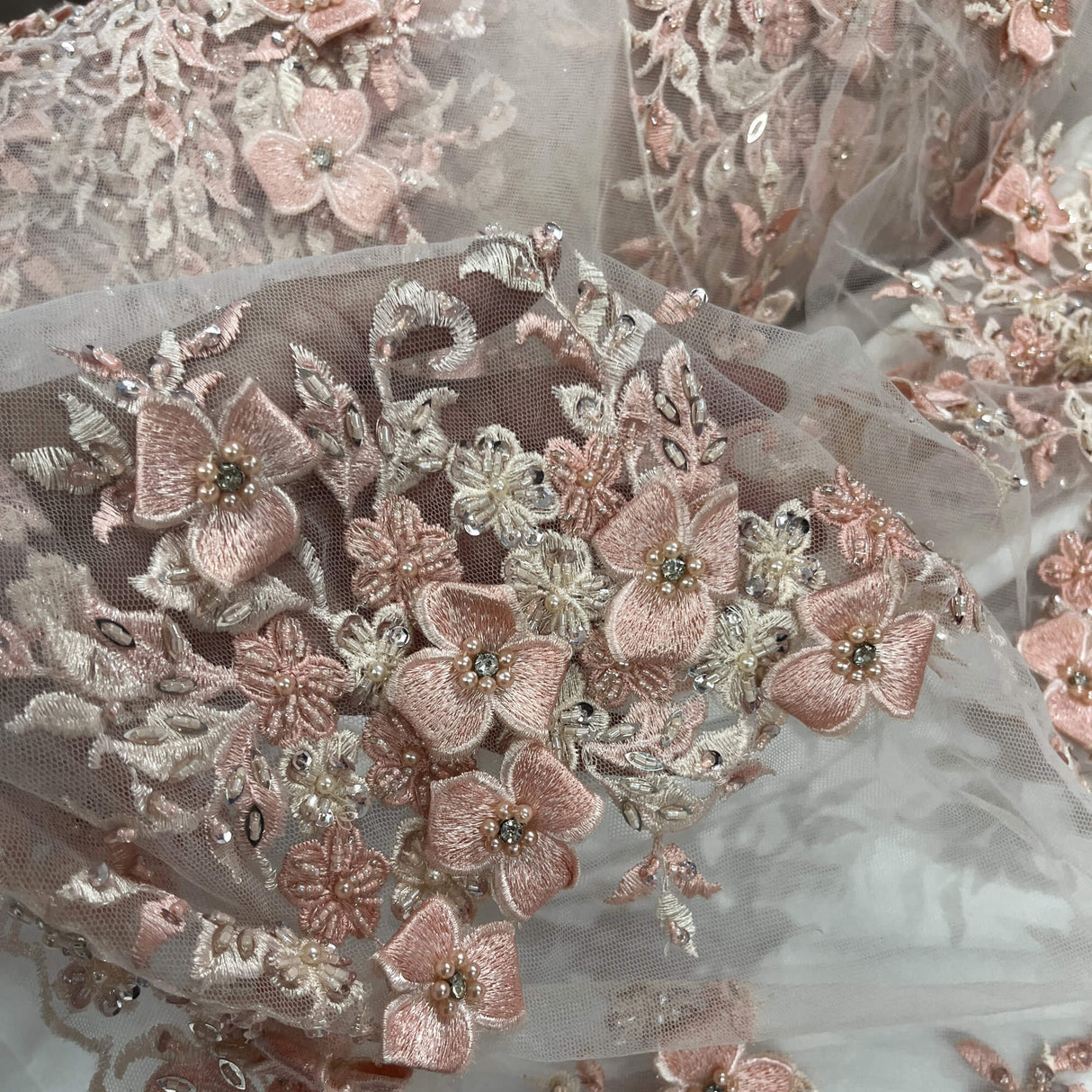 3D Beaded Floral Lace Mesh Fabric