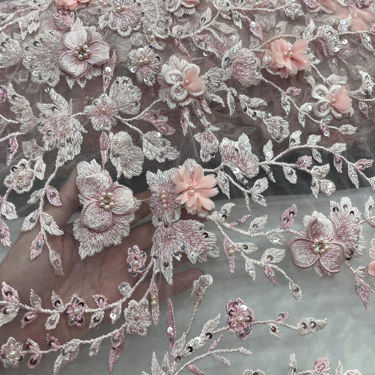 Beaded 3D Floral Lace Fabric Off White