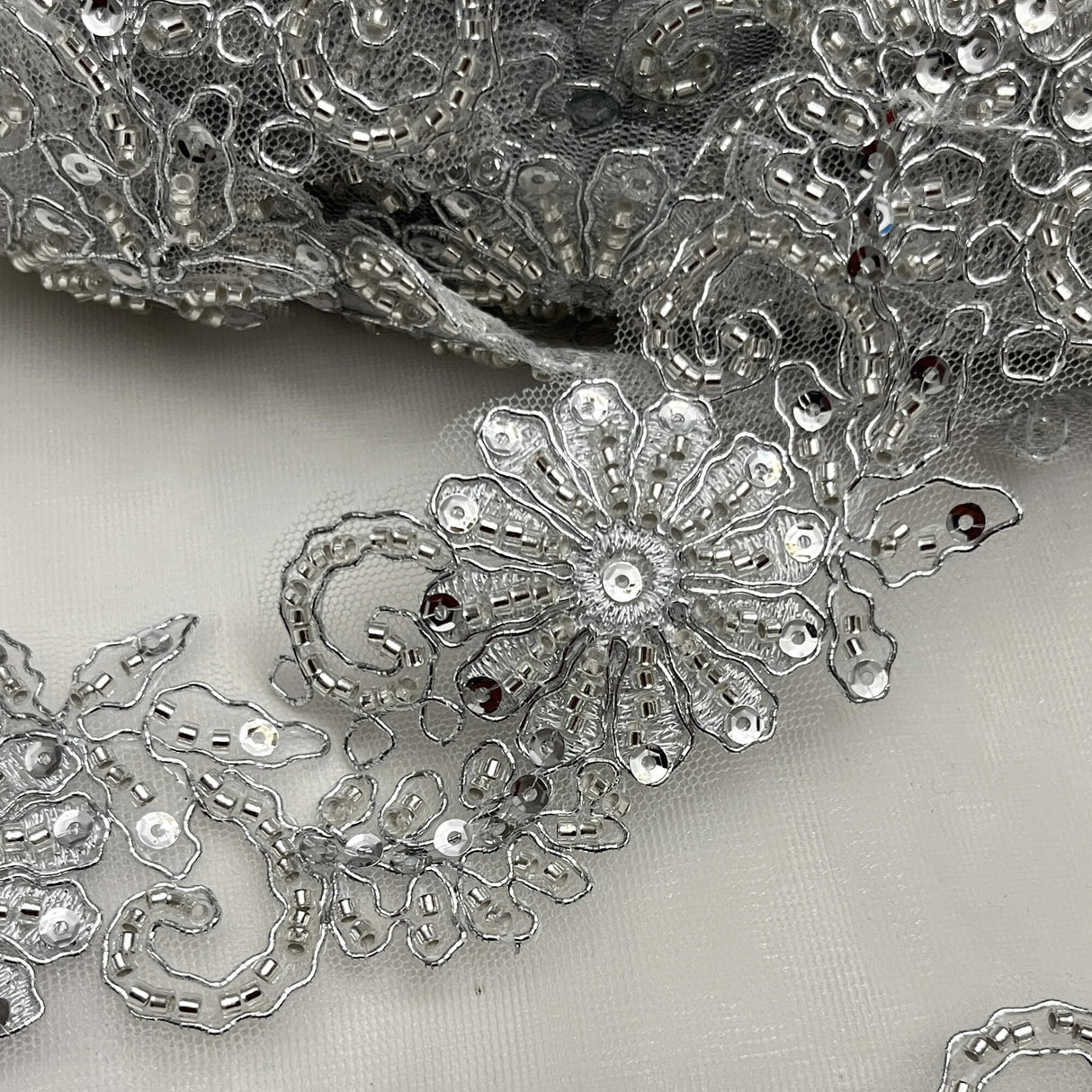 Beaded Corded Lace Trim on Polyester Mesh