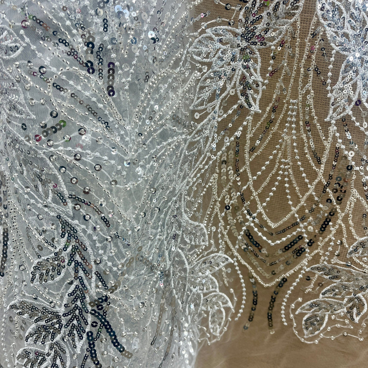 Beaded Sequined Lace Fabric Leaf Vine