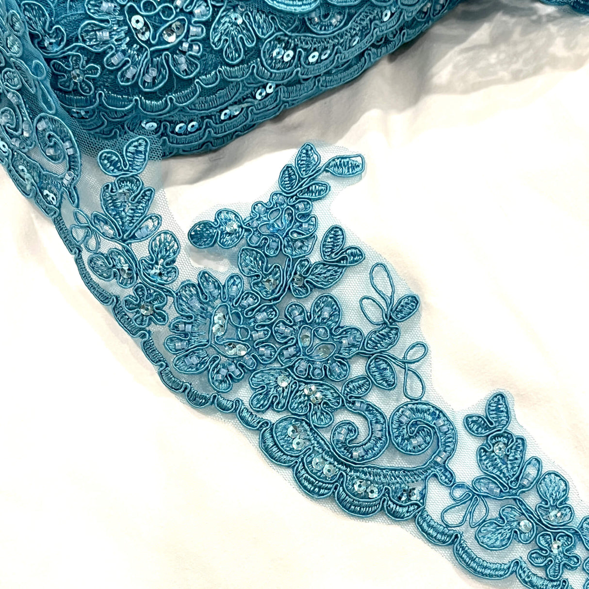 Beaded Corded Lace Trim on Polyester Net Mesh