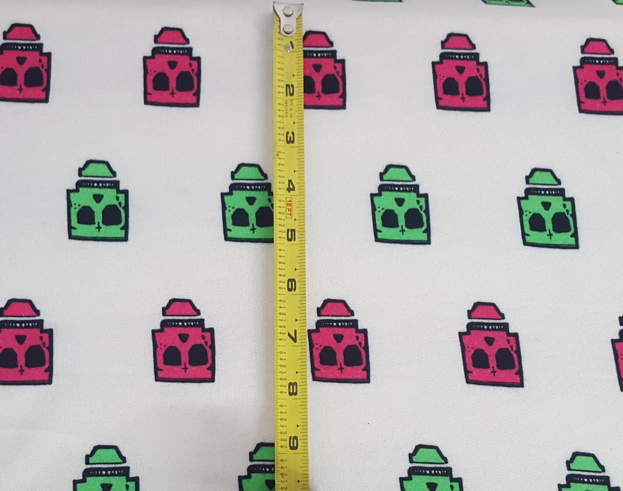 Printed Cotton French Terry Knit Green Pink Skulls