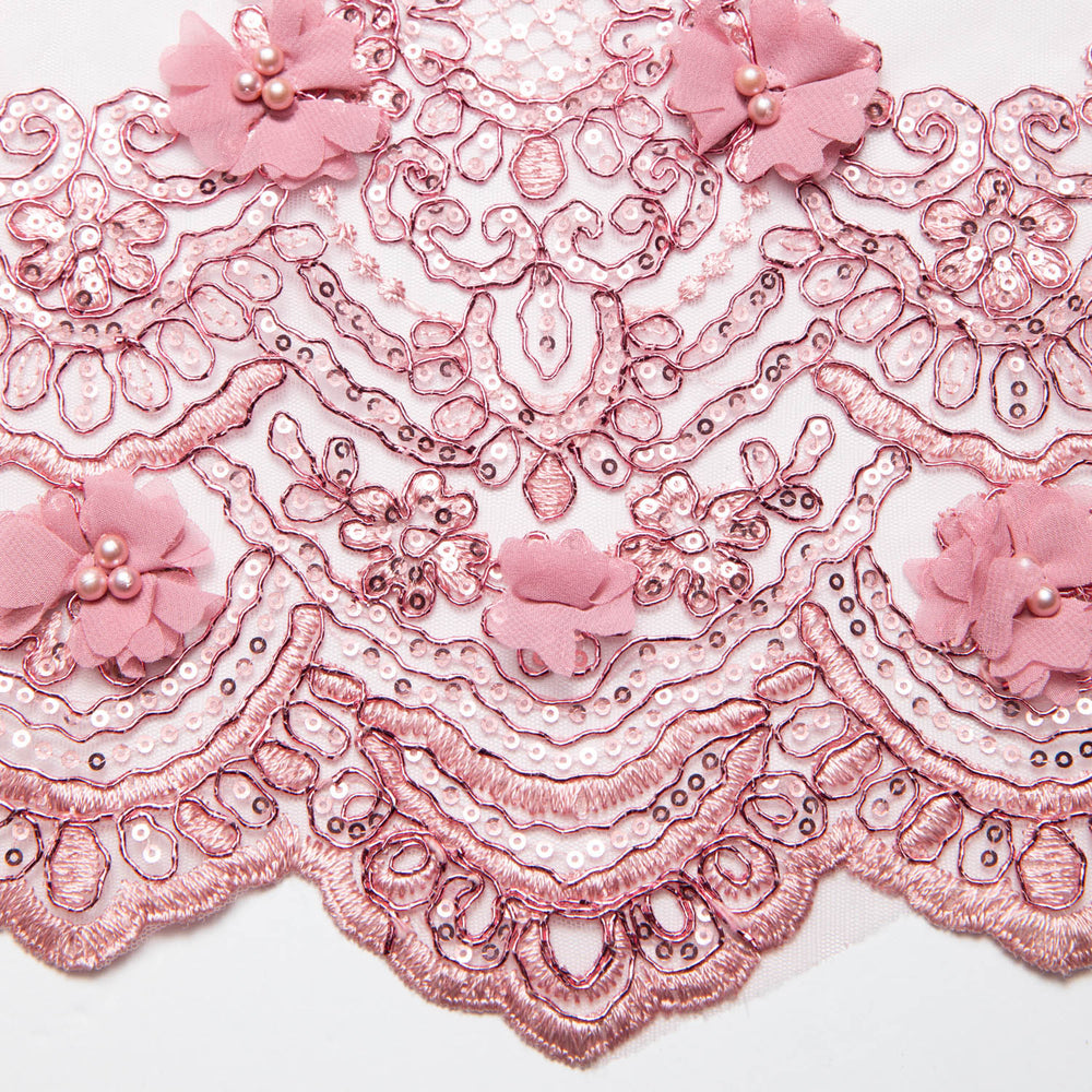 1 Yard Embroidered Tulle Lace Fabric with Intricate 3D Applique Pattern 52" Wide