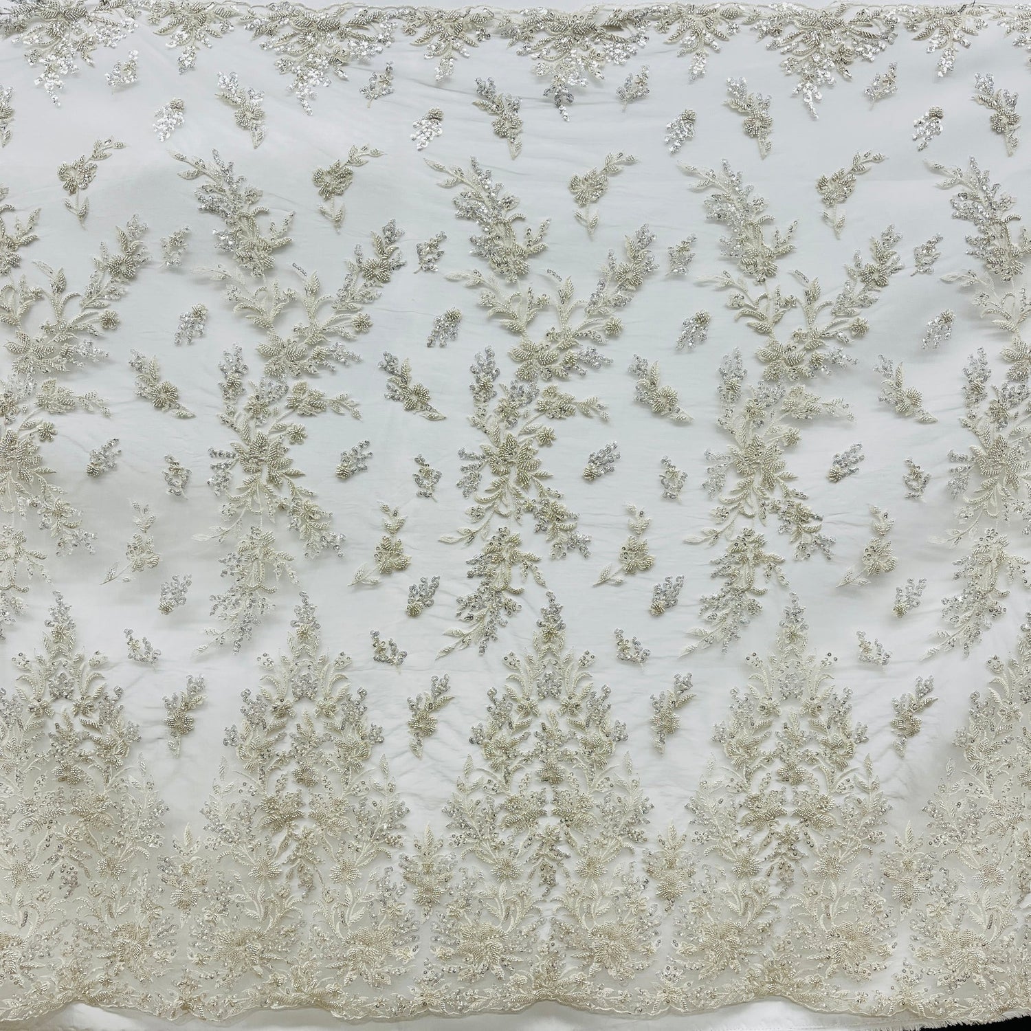 1 Yard Gold Beaded Lace Fabric Embroidered on Polyester Net Mesh 52 Inch Width