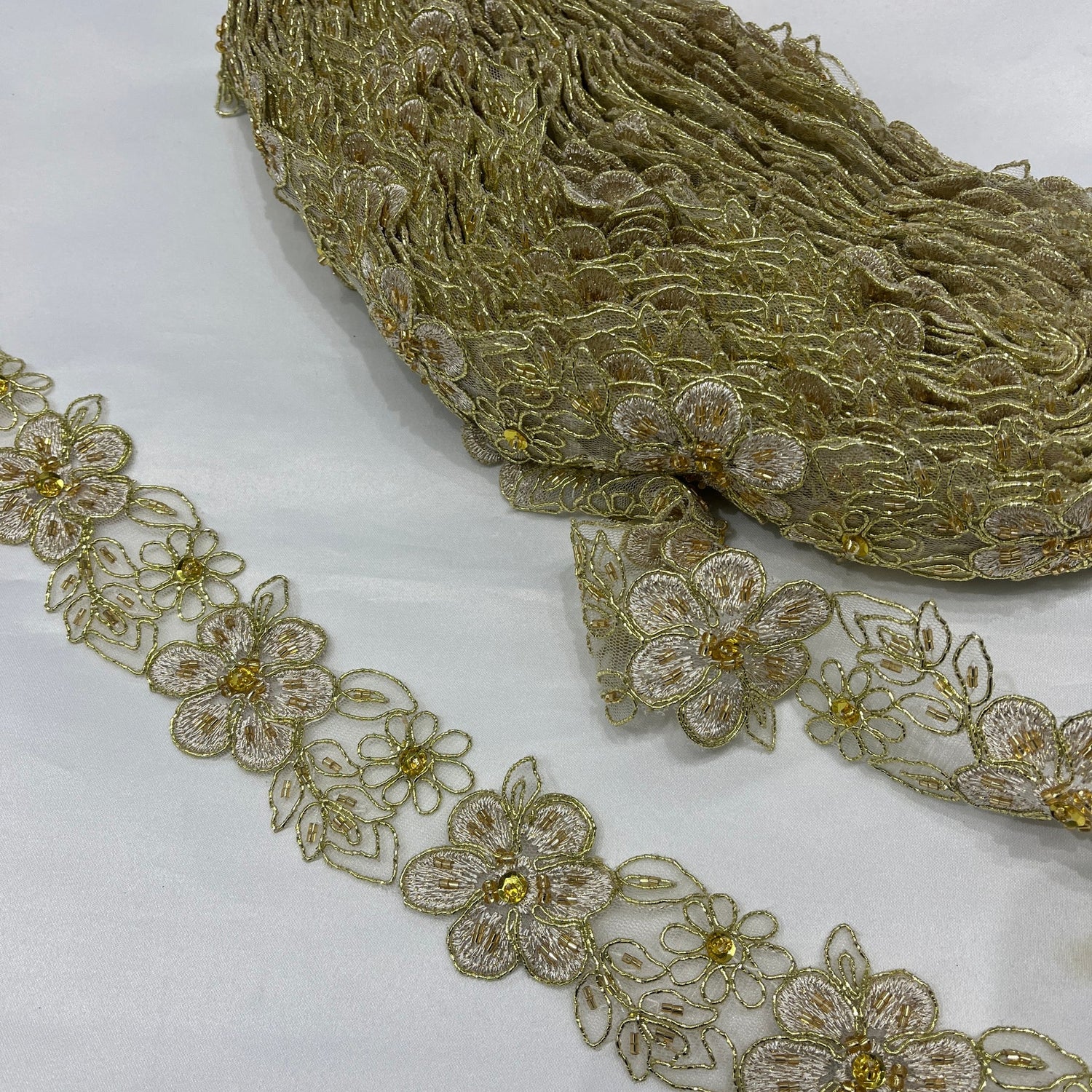 1 Yard Beaded & Corded Embroidered Lace Trim 2" Wide 100% Polyester Floral Scalloped Edge