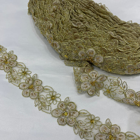 1 Yard Beaded & Corded Embroidered Lace Trim 2" Wide 100% Polyester Floral Scalloped Edge