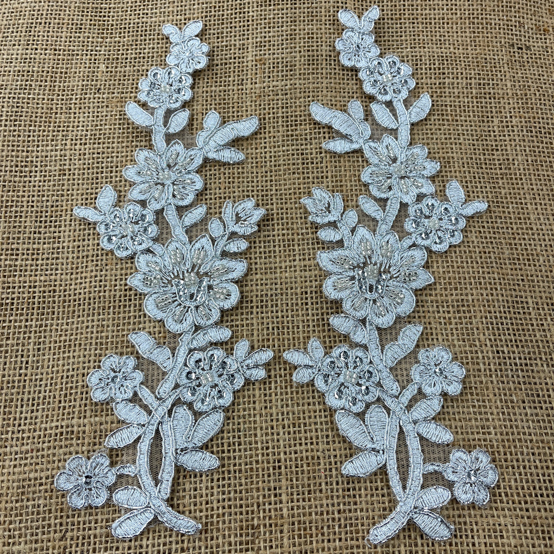 1 Pair Beaded & Corded Floral Lace Applique 10" x 2" Each Side
