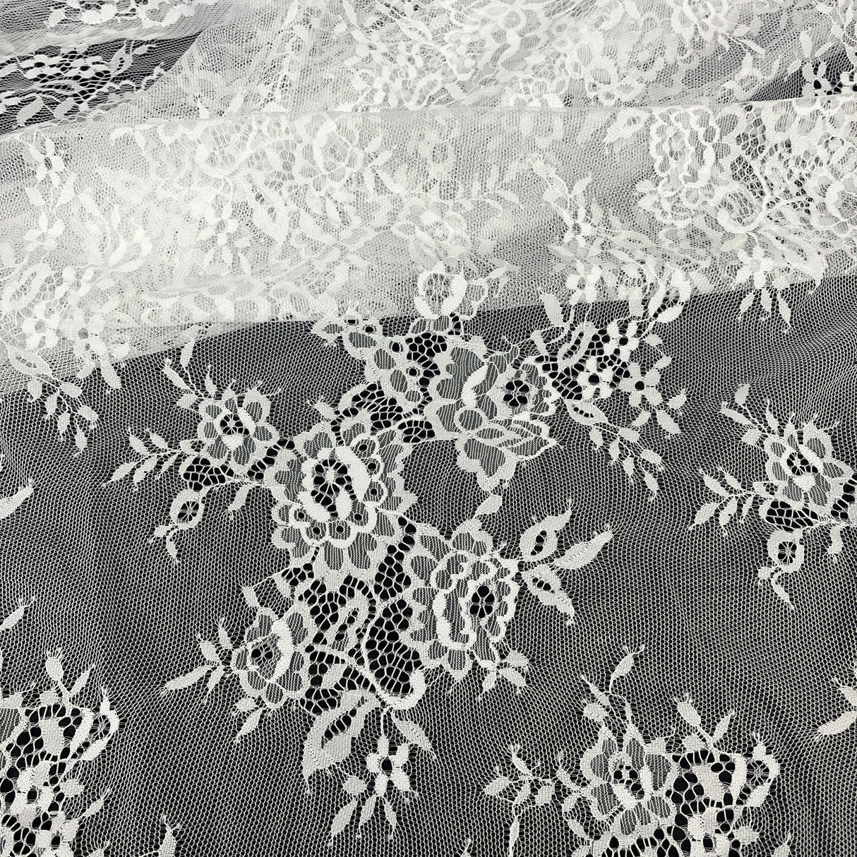1 Yard Chantilly Embroidered Lace Fabric with Eyelash Scallop, 58" Wide French Alençon Lace for Bridal & Evening Dresses