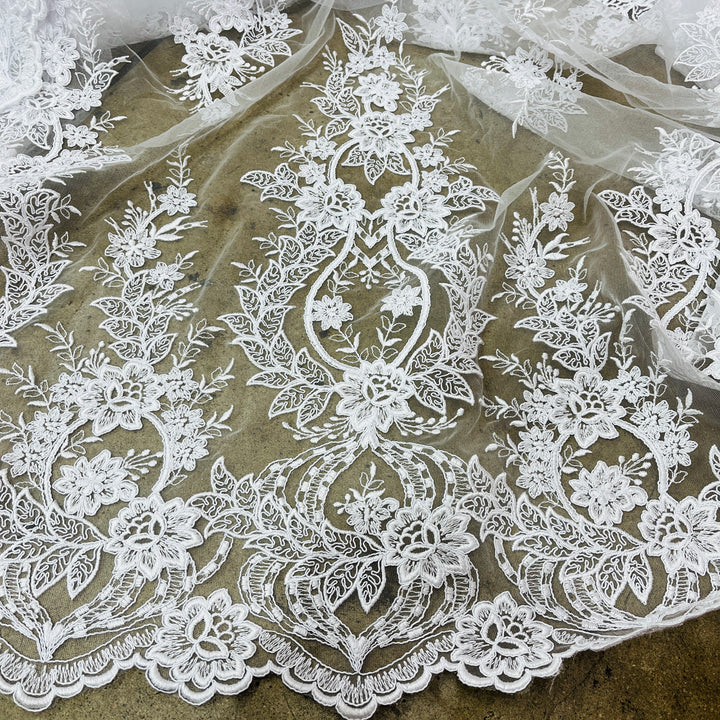 1 Yard Premium Corded Bridal Lace Fabric Embroidered on 100% Polyester Net Mesh White