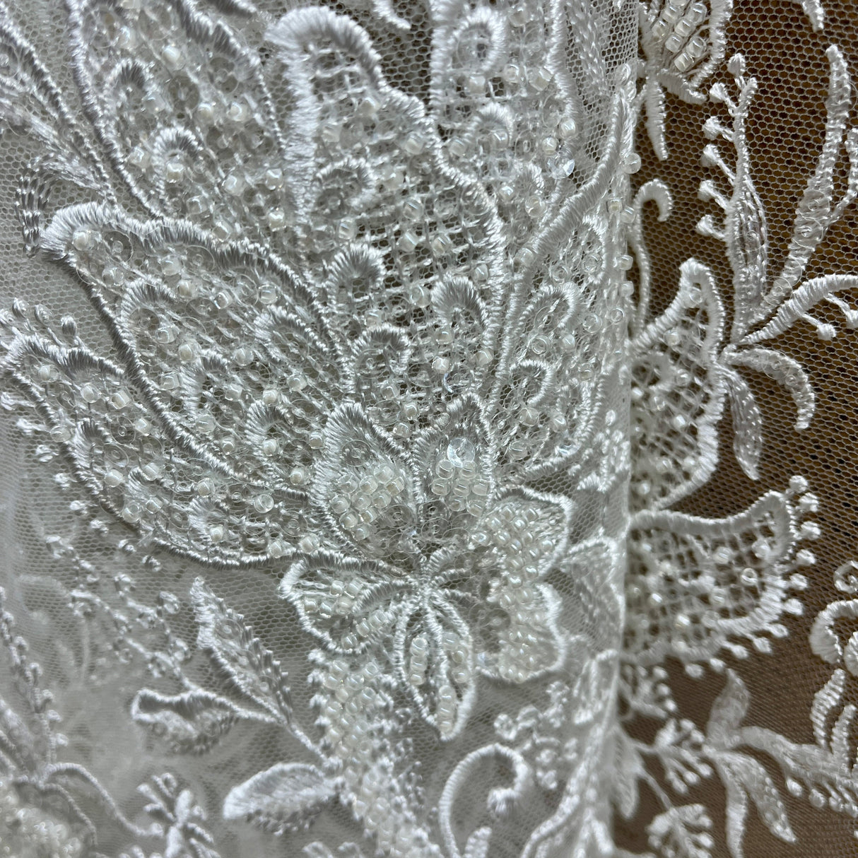 Beaded Lace Embroidered Ivory Mesh